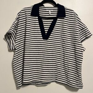 Maurices Striped Navy and White Polo Cotton Cropped Short Sleeve Shirt Size 1X